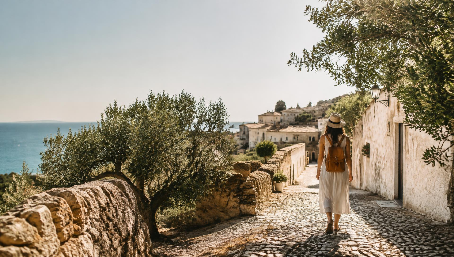 Traveler walking through a coastal old town